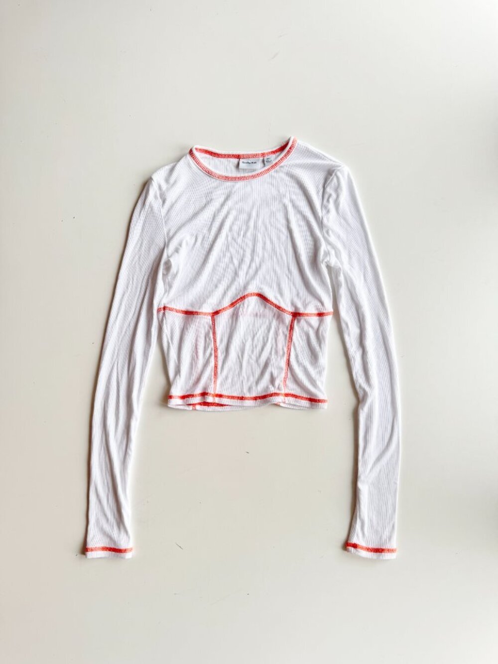Aritzia SUNDAY BEST Dove White Modal Ribbed Jersey Orange Seam T-Shirt, Size XS - Picture 5 of 14